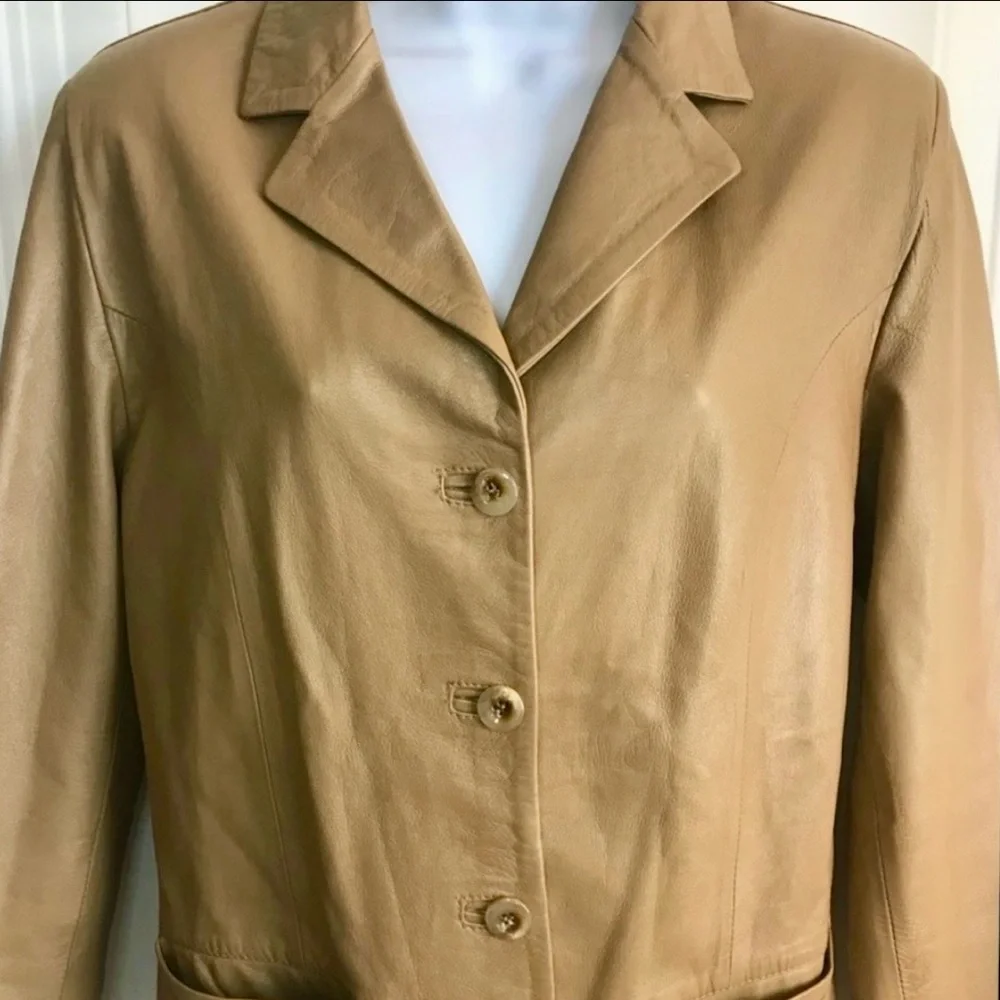 Vtg Women’s 44 10-12 Made in Italy Vera Pelle Tan Leather 4-Button Jacket in EUC - Picture 10 of 16